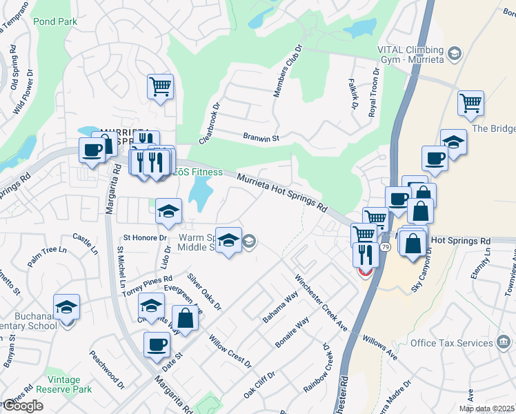 map of restaurants, bars, coffee shops, grocery stores, and more near 28919 Calle Del Lago in Murrieta