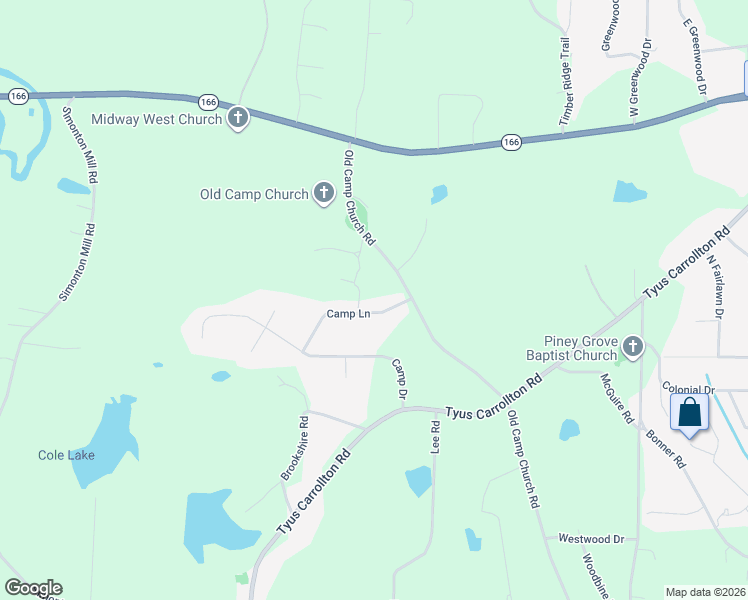 map of restaurants, bars, coffee shops, grocery stores, and more near 55 Camp Lane in Carrollton