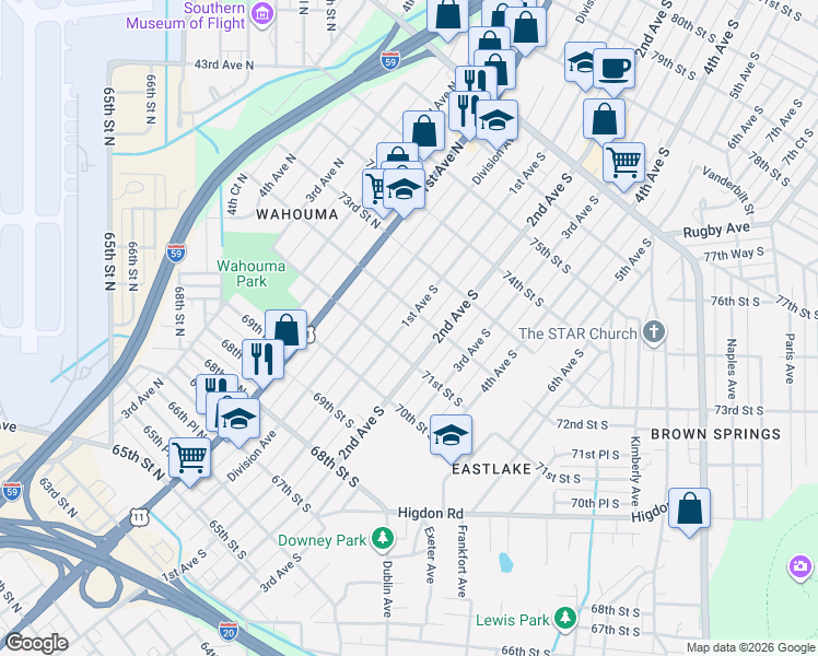 map of restaurants, bars, coffee shops, grocery stores, and more near 7101 1st Avenue South in Birmingham