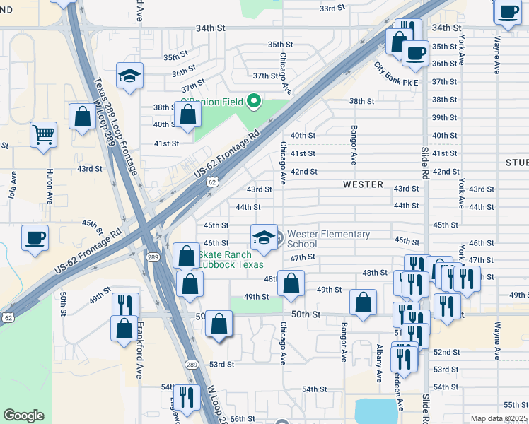 map of restaurants, bars, coffee shops, grocery stores, and more near 5511 44th Street in Lubbock