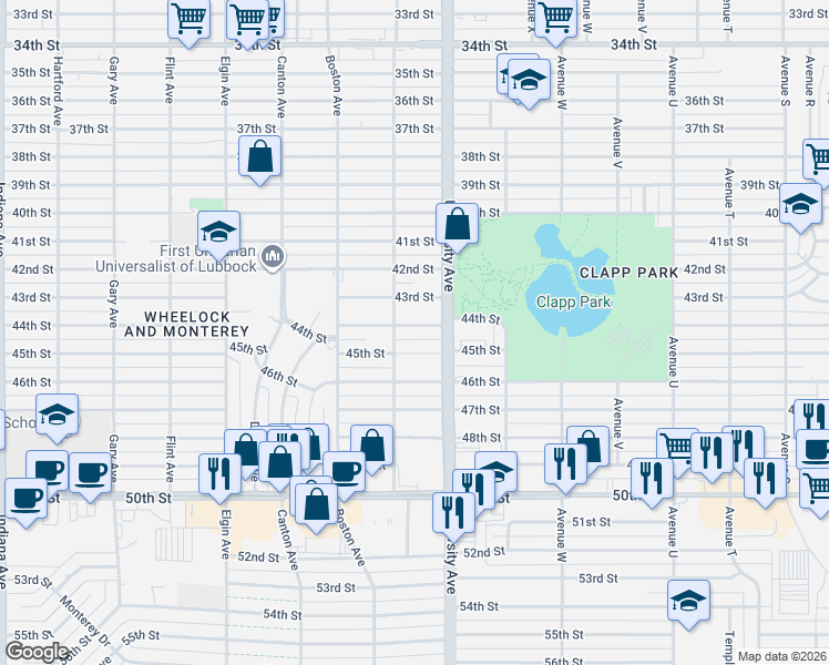 map of restaurants, bars, coffee shops, grocery stores, and more near 2518 45th Street in Lubbock