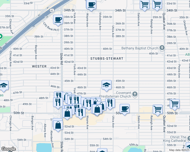 map of restaurants, bars, coffee shops, grocery stores, and more near 4909 44th Street in Lubbock