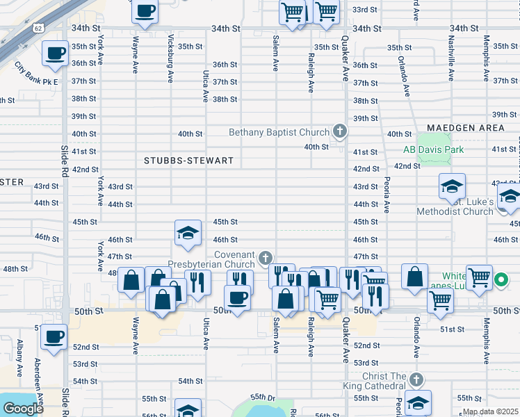 map of restaurants, bars, coffee shops, grocery stores, and more near 4609 44th Street in Lubbock