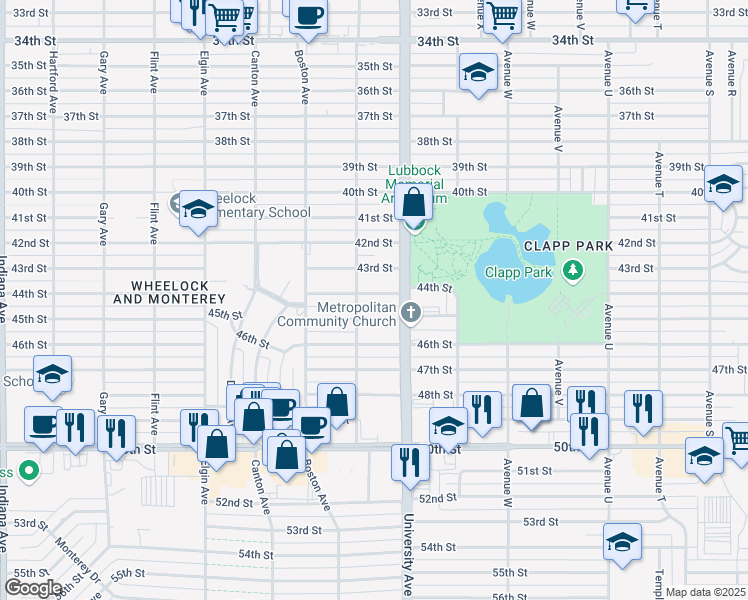 map of restaurants, bars, coffee shops, grocery stores, and more near 2518 45th Street in Lubbock