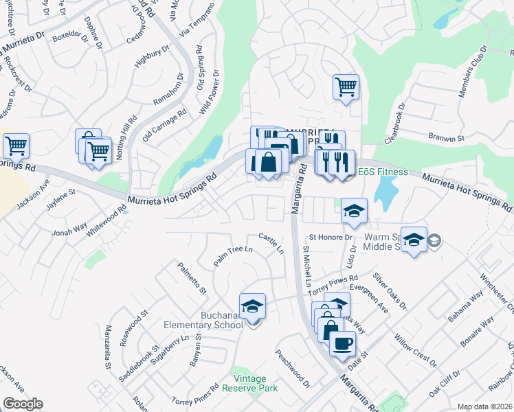map of restaurants, bars, coffee shops, grocery stores, and more near 26369 Palisades Drive in Murrieta