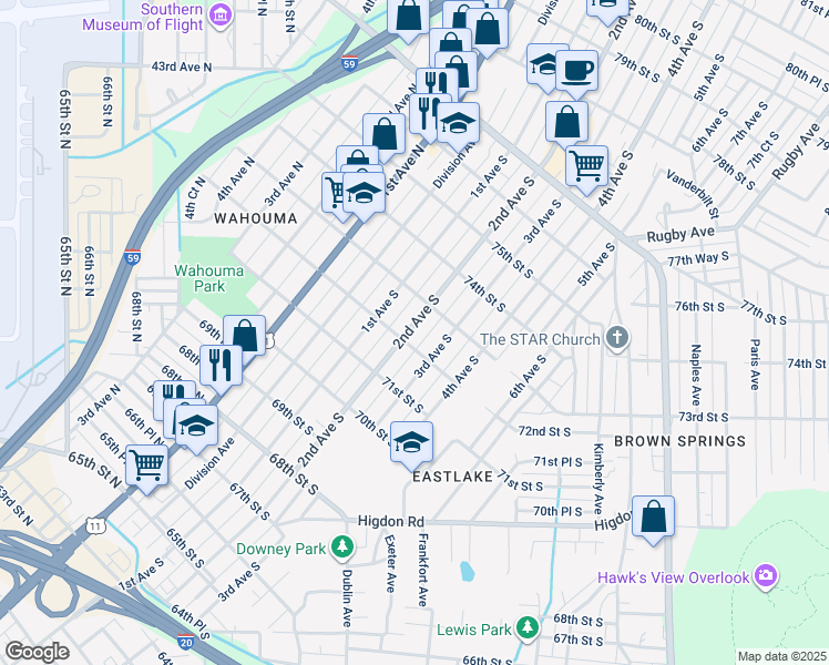 map of restaurants, bars, coffee shops, grocery stores, and more near 7209 2nd Avenue South in Birmingham