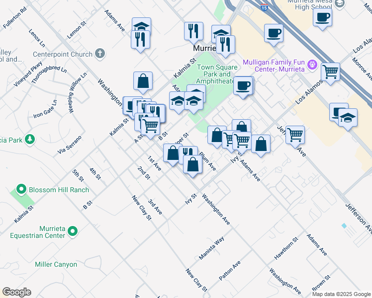 map of restaurants, bars, coffee shops, grocery stores, and more near 41909 C Street in Murrieta