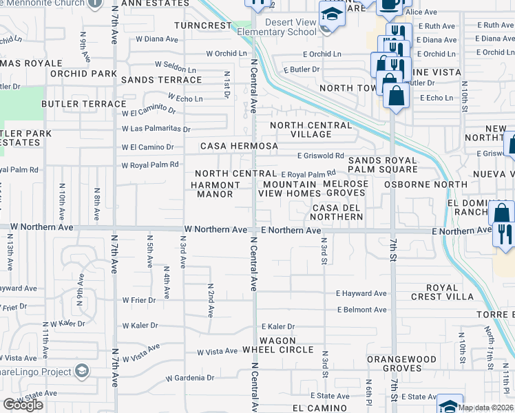 map of restaurants, bars, coffee shops, grocery stores, and more near 8000 North Central Avenue in Phoenix