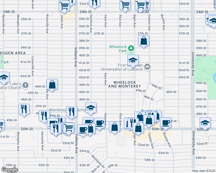 map of restaurants, bars, coffee shops, grocery stores, and more near 3116 45th Street in Lubbock