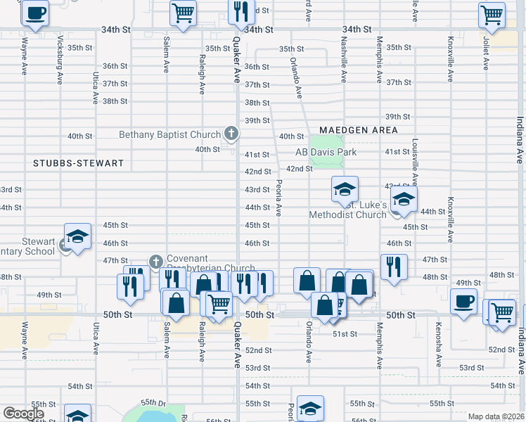 map of restaurants, bars, coffee shops, grocery stores, and more near 4307 44th Street in Lubbock