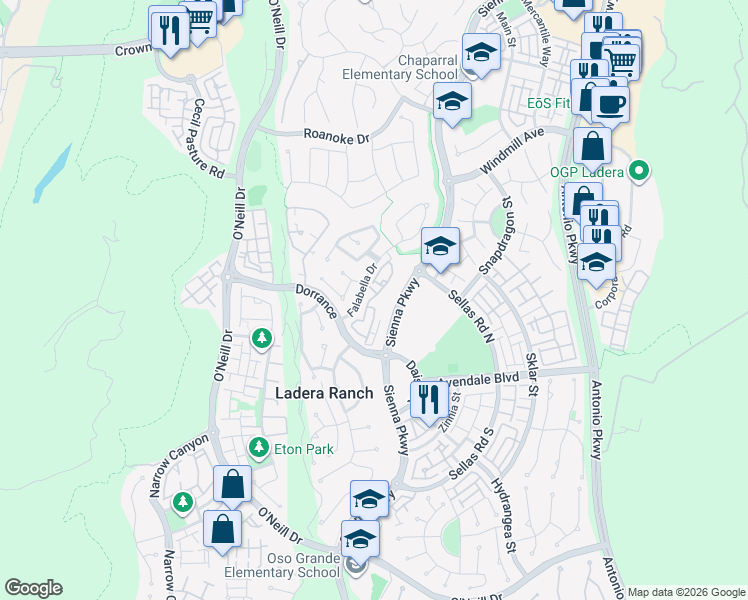 map of restaurants, bars, coffee shops, grocery stores, and more near 47 Glenalmond Lane in Ladera Ranch