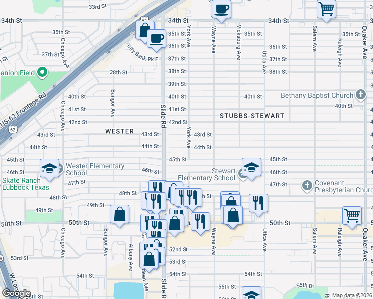 map of restaurants, bars, coffee shops, grocery stores, and more near 5101 44th Street in Lubbock