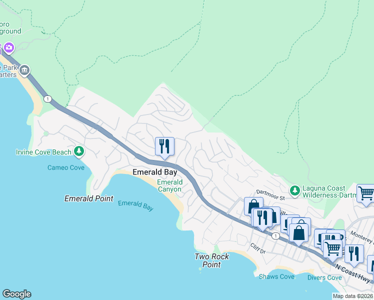 map of restaurants, bars, coffee shops, grocery stores, and more near 245 Emerald Bay in Laguna Beach