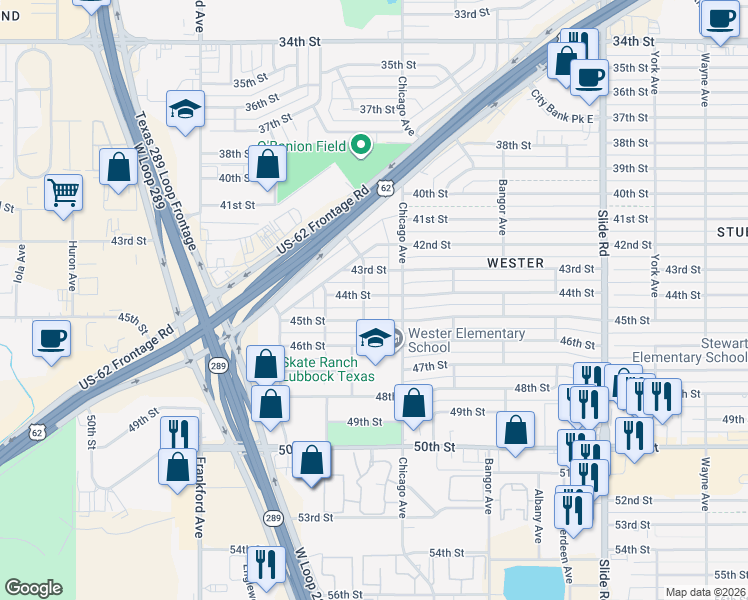 map of restaurants, bars, coffee shops, grocery stores, and more near 5514 45th Street in Lubbock