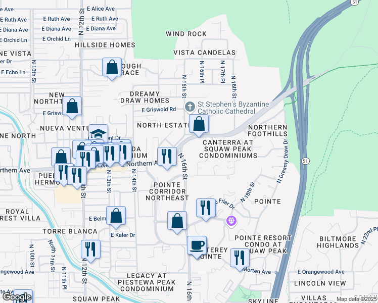 map of restaurants, bars, coffee shops, grocery stores, and more near 8001 North 16th Street in Phoenix