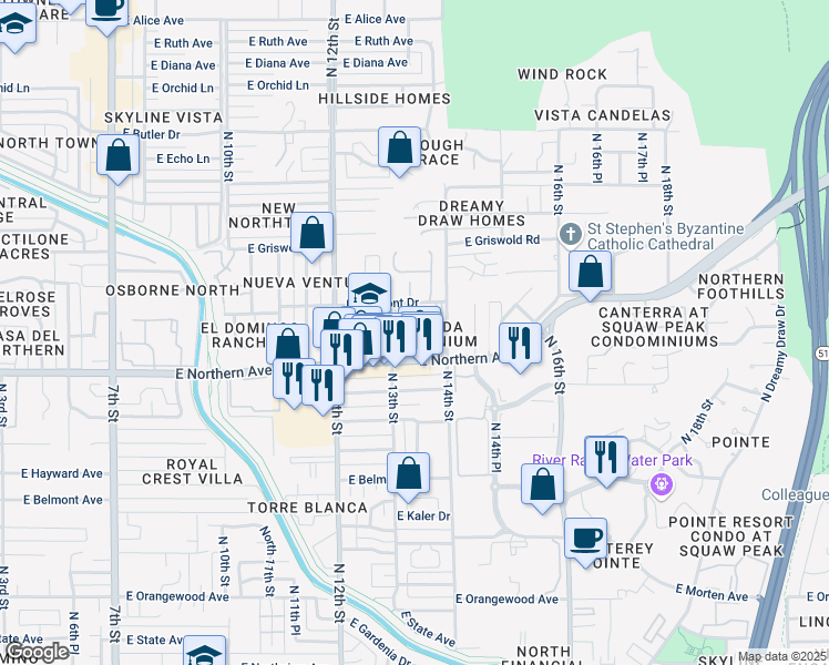 map of restaurants, bars, coffee shops, grocery stores, and more near 1350 East Northern Avenue in Phoenix
