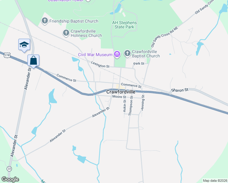 map of restaurants, bars, coffee shops, grocery stores, and more near 156 Alexander Street in Crawfordville