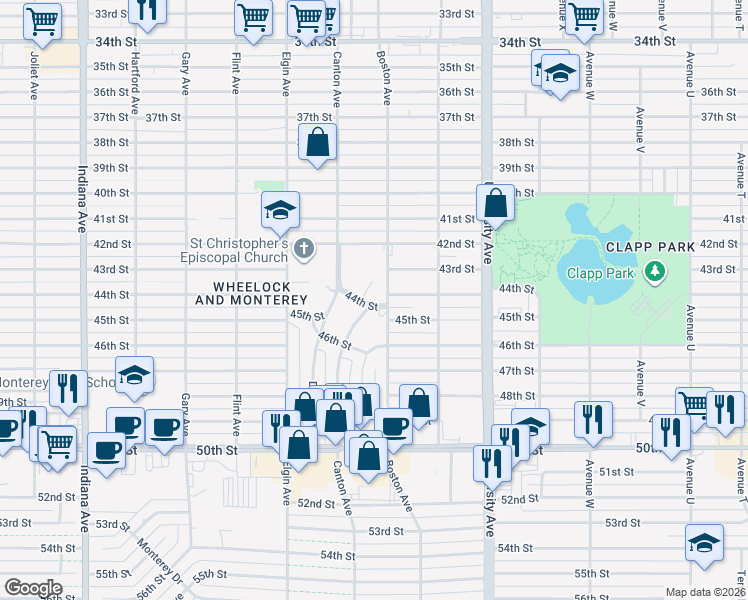 map of restaurants, bars, coffee shops, grocery stores, and more near 2704 44th Street in Lubbock
