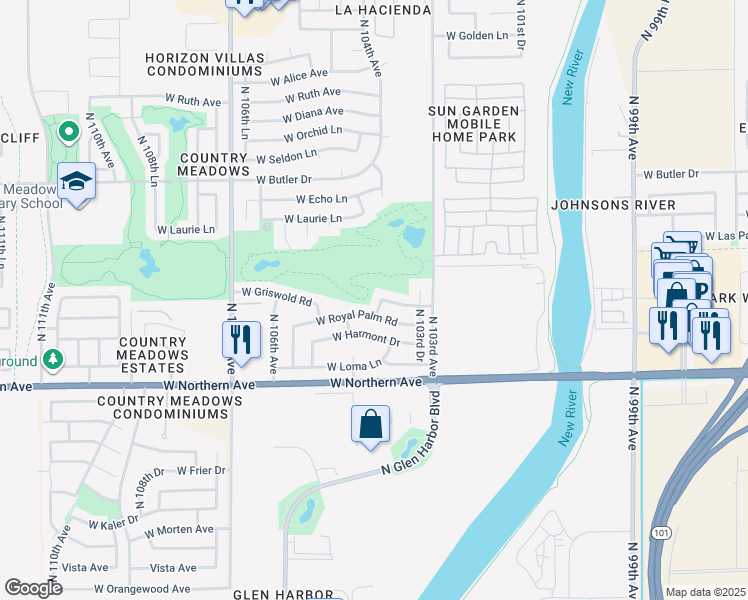 map of restaurants, bars, coffee shops, grocery stores, and more near 10407 West Royal Palm Road in Peoria