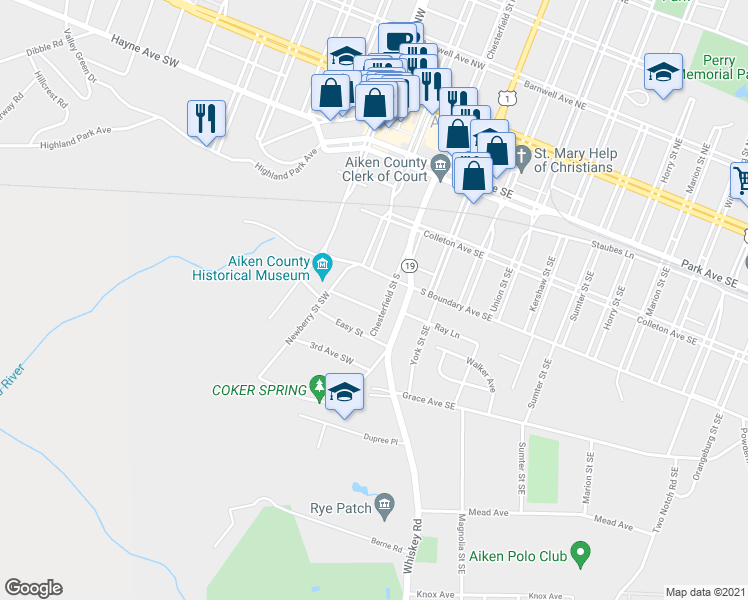 map of restaurants, bars, coffee shops, grocery stores, and more near 415 Chesterfield Street South in Aiken