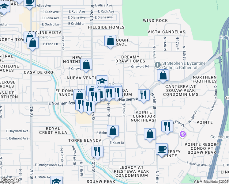 map of restaurants, bars, coffee shops, grocery stores, and more near 1350 East Northern Avenue in Phoenix