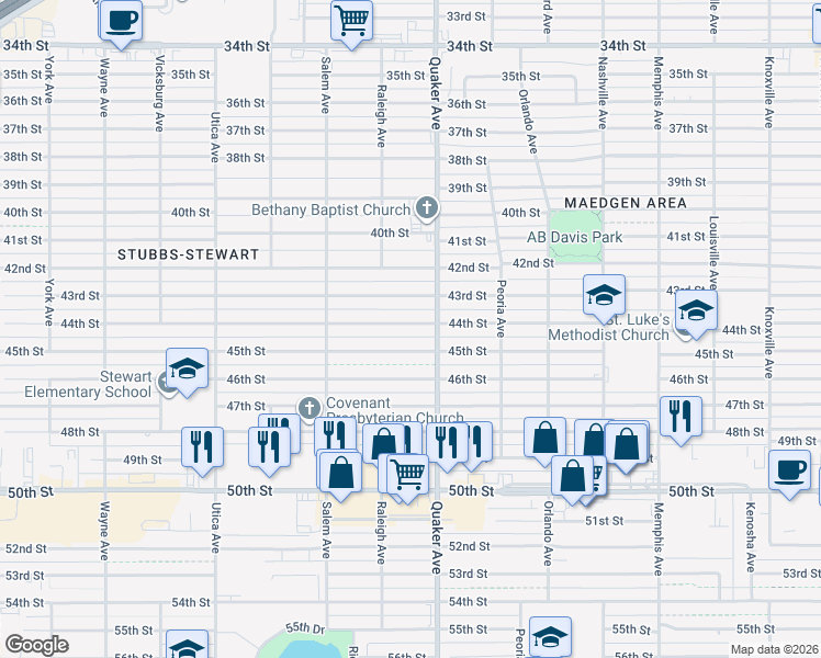 map of restaurants, bars, coffee shops, grocery stores, and more near 4404 45th Street in Lubbock