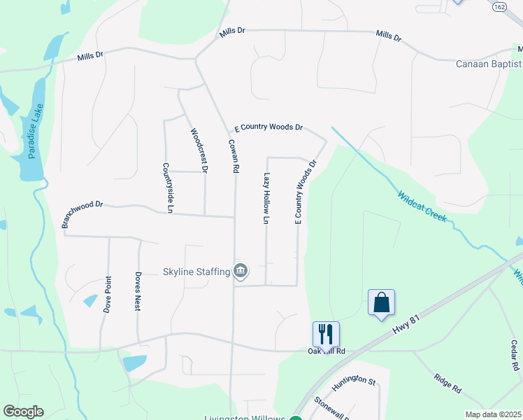 map of restaurants, bars, coffee shops, grocery stores, and more near 135 Lazy Hollow Lane in Covington