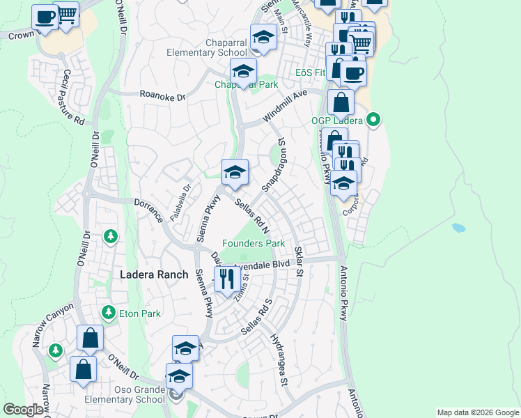 map of restaurants, bars, coffee shops, grocery stores, and more near 1 Trumpet Vine Street in Ladera Ranch