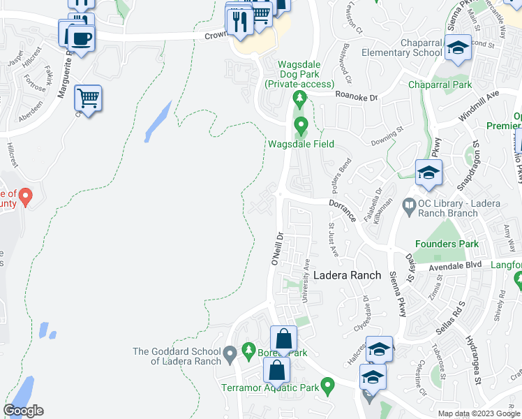map of restaurants, bars, coffee shops, grocery stores, and more near 92 Sansovino in Mission Viejo