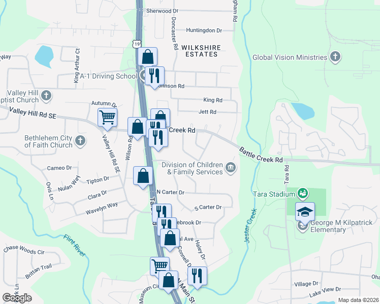 map of restaurants, bars, coffee shops, grocery stores, and more near 7332 Howard Circle in Jonesboro