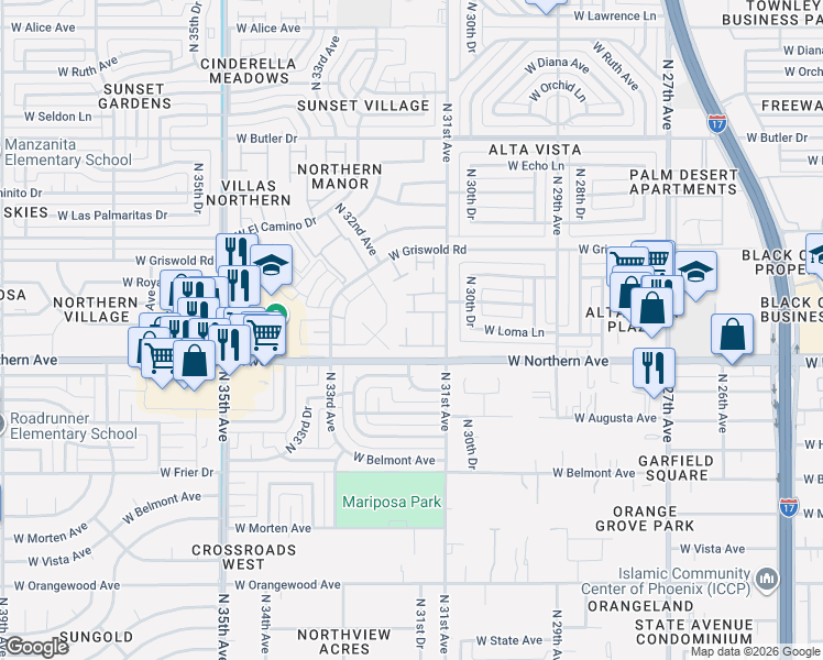 map of restaurants, bars, coffee shops, grocery stores, and more near 3111 West Loma Lane in Phoenix