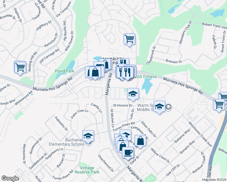 map of restaurants, bars, coffee shops, grocery stores, and more near 26217 Heritage Union Lane in Murrieta