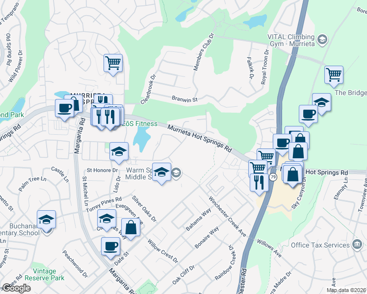 map of restaurants, bars, coffee shops, grocery stores, and more near 28943 Calle Del Lago in Murrieta