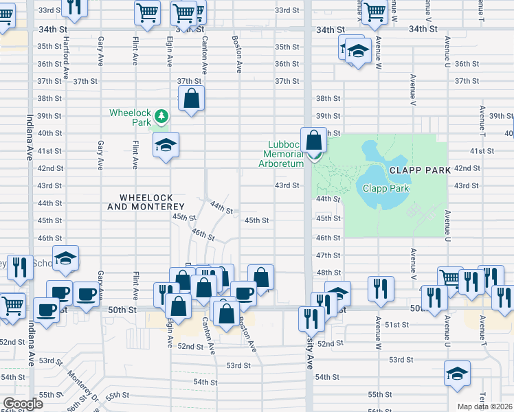 map of restaurants, bars, coffee shops, grocery stores, and more near 2614 45th Street in Lubbock