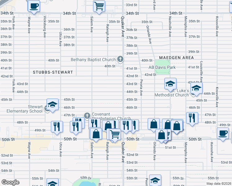 map of restaurants, bars, coffee shops, grocery stores, and more near 4404 45th Street in Lubbock