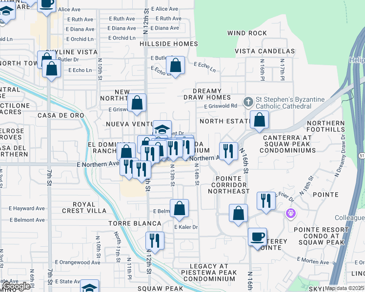map of restaurants, bars, coffee shops, grocery stores, and more near 1350 East Northern Avenue in Phoenix