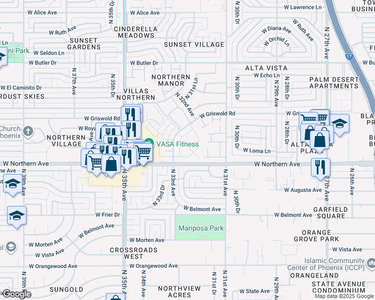 map of restaurants, bars, coffee shops, grocery stores, and more near in Phoenix