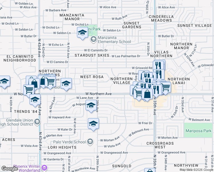 map of restaurants, bars, coffee shops, grocery stores, and more near 3810 West Northern Avenue in Phoenix