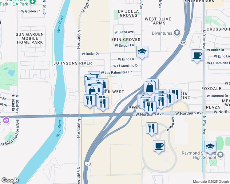 map of restaurants, bars, coffee shops, grocery stores, and more near 9680 West Northern Avenue in Peoria