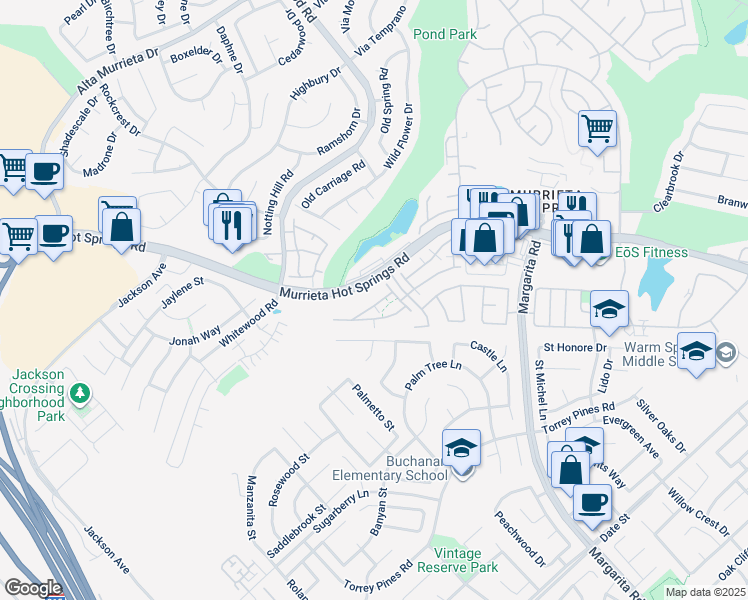 map of restaurants, bars, coffee shops, grocery stores, and more near 39862 Millbrook Way in Murrieta