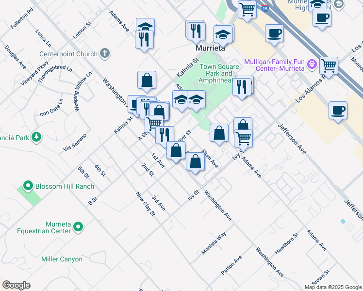 map of restaurants, bars, coffee shops, grocery stores, and more near 41945 C Street in Murrieta
