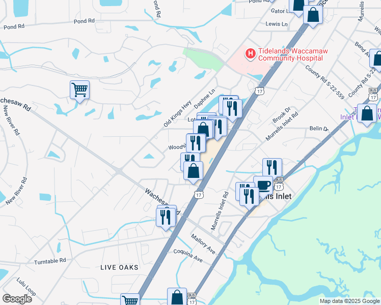 map of restaurants, bars, coffee shops, grocery stores, and more near in Murrells Inlet