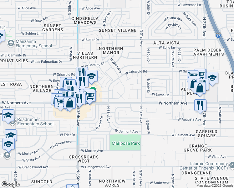 map of restaurants, bars, coffee shops, grocery stores, and more near in Phoenix