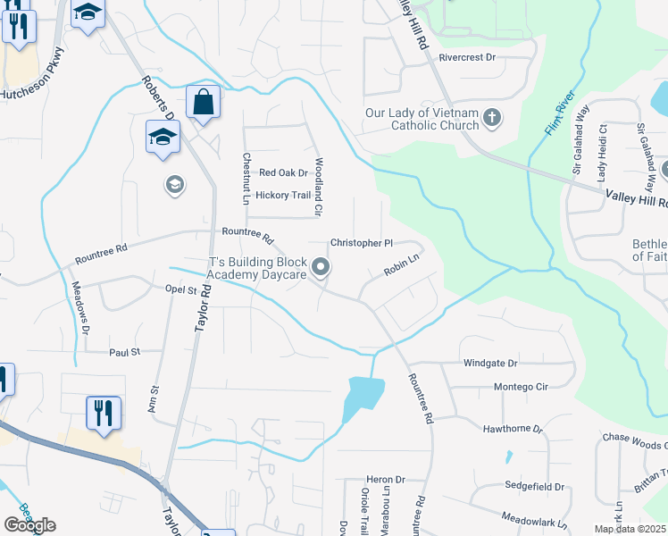map of restaurants, bars, coffee shops, grocery stores, and more near 217 Rountree Road in Riverdale