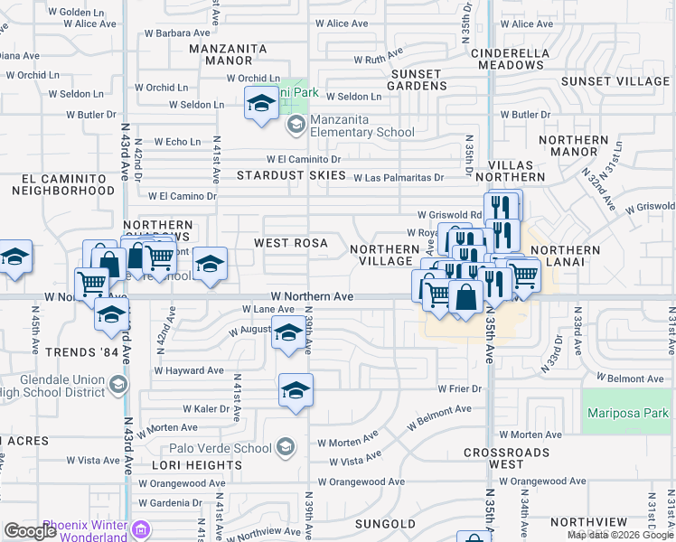map of restaurants, bars, coffee shops, grocery stores, and more near 3810 West Northern Avenue in Phoenix