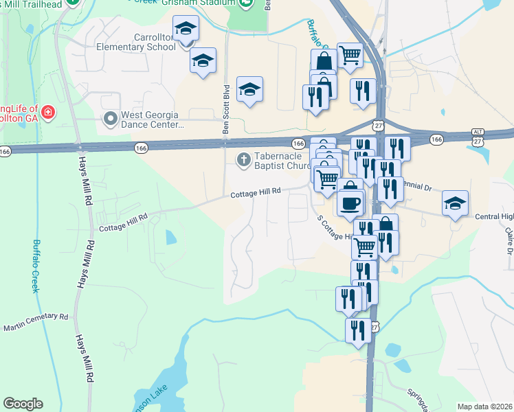 map of restaurants, bars, coffee shops, grocery stores, and more near 111 Plantation Walk in Carrollton