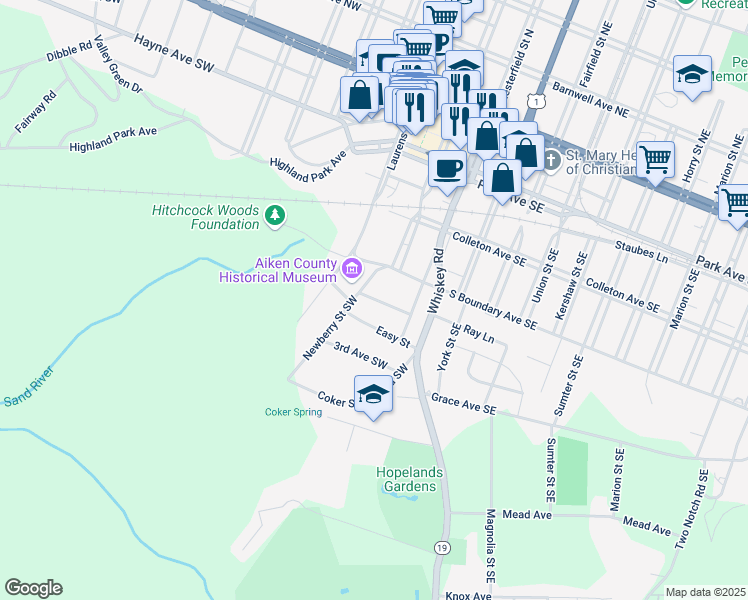 map of restaurants, bars, coffee shops, grocery stores, and more near 129 First Avenue Southwest in Aiken