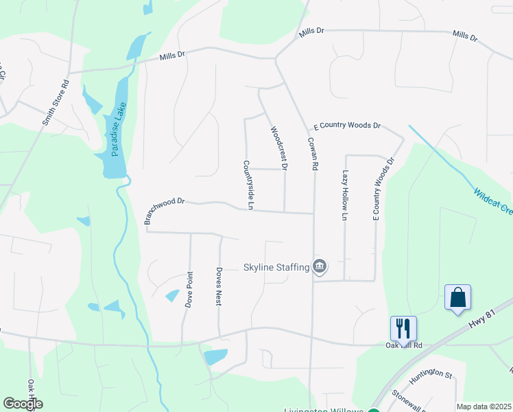 map of restaurants, bars, coffee shops, grocery stores, and more near 255 Countryside Lane in Covington