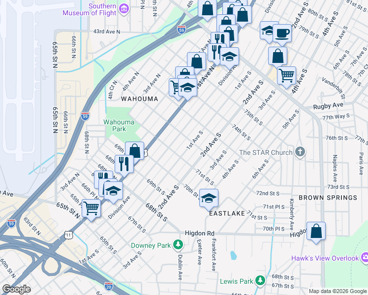 map of restaurants, bars, coffee shops, grocery stores, and more near 7110 1st Avenue South in Birmingham