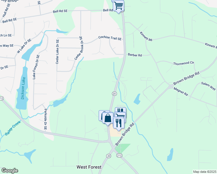 map of restaurants, bars, coffee shops, grocery stores, and more near 5157 Highway 20 South in Covington